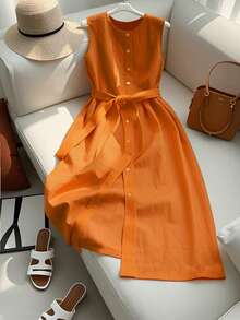 GlowEve CURVE Plus Size Round Neck Sleeveless Button Waist Belt Solid Color Long Elegant Casual Summer Commute Formal Vacation Dress For Women Orange - Orange - View 1