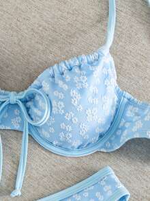 Swim Mod New Lemon Yellow Textured Bikini, Bow Knot Front, Underwire Support & High Leg Beach Swimwear - Blue - View 7
