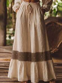 Holdful Holdful Women's Long Skirt With Pockets, Elastic Waist & Tie Decoration, Ruffle Hem Lace Spliced Design - Apricot - View 4