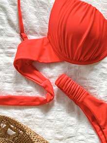 Bonvoyette Hard Cup Steel Support Spaghetti Strap Ruched Sexy Bikini Set - Cherry Red - View 6