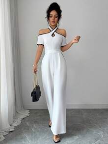 Balvessa Women's Summer Versatile Contrast Color Trim Open Shoulder Jumpsuit - White - View 4