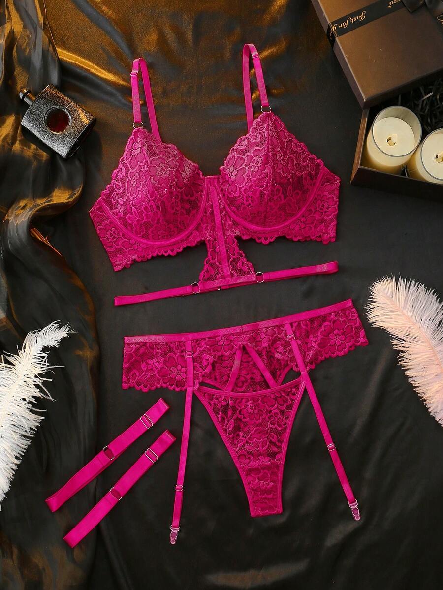 Seduluxe Classic Sexy Lace Lingerie Set 3pcs - Hot Pink - View 1