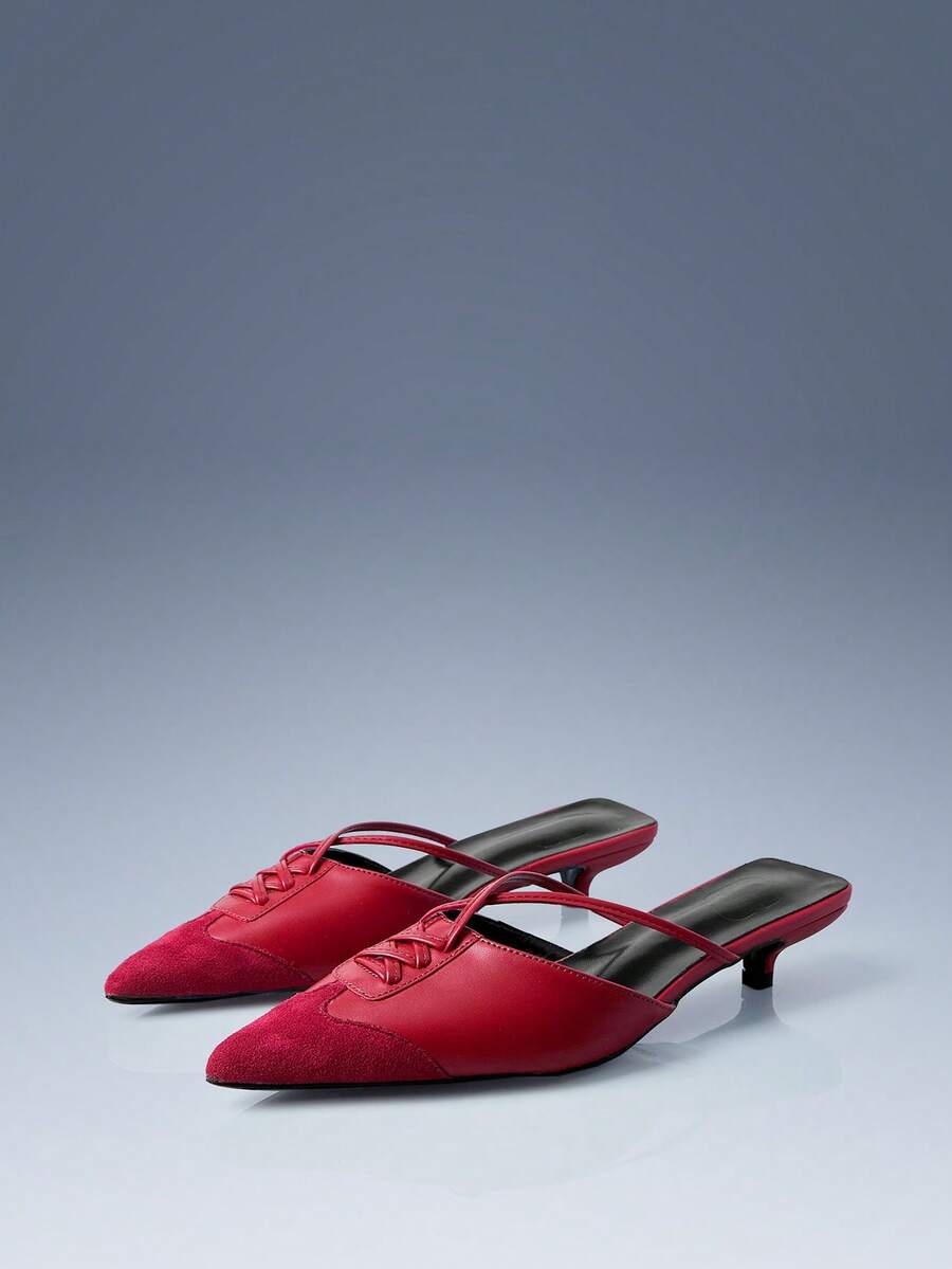 CUCCOO GRLICON Women's Red Color Matching Pointed Back Empty Kitten Heels, French Retro Bow Stiletto Commuter Shoes - Red - View 1