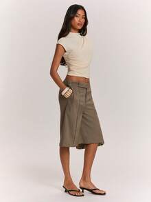 SHEIN BAE Women's Solid Color Stand Collar Pleated Slim Fit Versatile Casual Sexy T-Shirt Going Out White Summer - Apricot - View 4