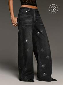 BAD SUNDAY Women's Elegant 90s Hot Girl Rhinestone Star-Shaped Wide Leg Loose Denim Jeans Versatile Commute School Y2k Night Out Concert Black And Silver Summer - Black - View 3