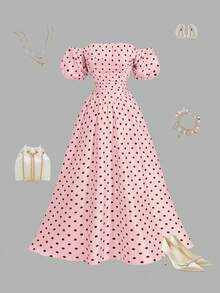 SHEIN MOD 女款復古浪漫 1960s 70s 開肩泡泡袖粉黑波點中長洋裝，夏季婚禮野餐度假派對服飾 - 粉色 - 查看 6