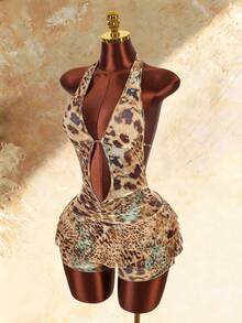 Amplova Women's Halter Neck Sleeveless Cutout Leopard Print Bodycon Jumpsuit Club Night Rainbow Leopard Summer - Multicolor - View 9