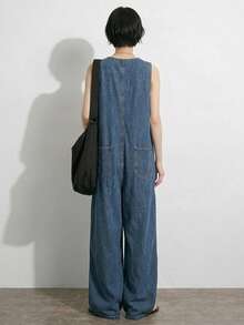 FRIFUL 女士拉链前开双口袋阔腿牛仔连体裤 夏季 - 藍色 - 查看 12