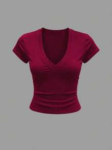 INAWLY Solva Women's Casual Deep V-Neck Solid Color Short Sleeve Slim Fit T-Shirt - Multicolor - View 3