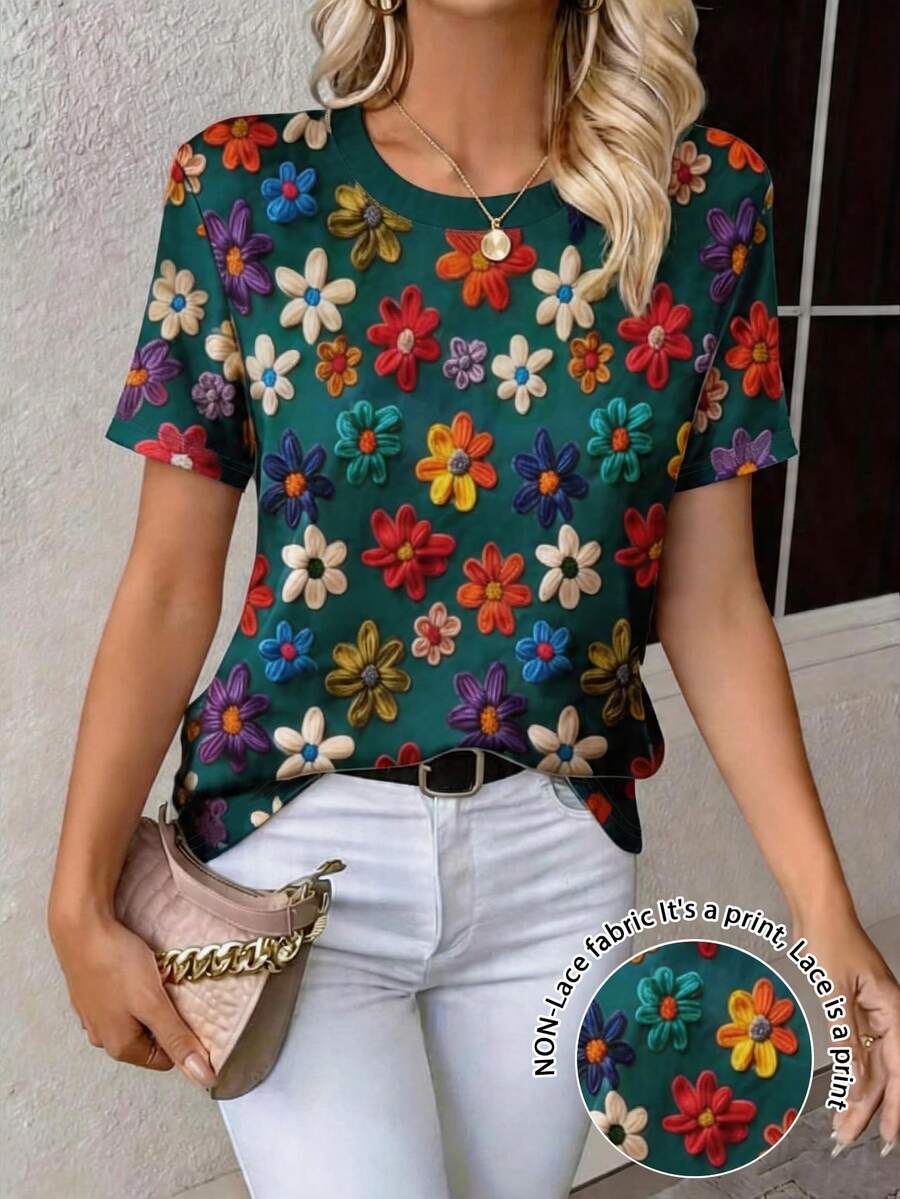 EMERY ROSE Women's Regular Fit T-Shirt, Floral Print Pattern Design, Elegant Vibe, Short Sleeve Tee, Comfortable Daily Wear, Suitable For Outdoor, Office - Multicolor - View 1