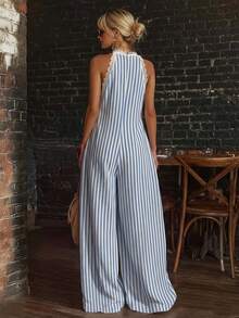 EMERY ROSE Women's Woven Casual Tropical Sexy Wide-Leg Summer One-Piece Pants Vacation Beach Blue And White Stripe - Blue and White - View 2