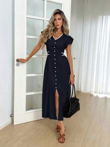 Easowa V-Neck Contrast Trim Decorative Button Flutter Sleeve Ruffle Ruched Bow Front High Slit A-Line Umbrella Sun Dress Casual Relaxed Elegant Commuter Old Money Style Vacation Spring Summer Women's Long Dress - Navy Blue - View 4