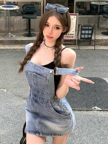 DAZY 春夏復古水洗藍音樂節情人節休閒街頭戶外短褲辣妹女款牛仔吊帶褲 - 藍色 - 查看 6