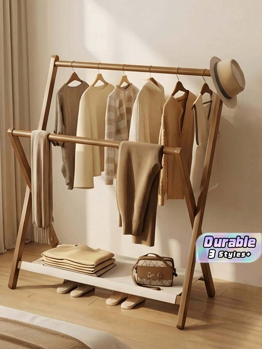 1pc Compact Foldable Bamboo Vertical Clothes Rack, Suitable For Home Use, Can Be Used As Towel Rack, Multi-Function Coat Rack, Storage Rack, Independent Wardrobe Storage Rack, Multifunctional Storage Solution For Bedroom And Living Room, Burr-Free Design Protects Clothes, Can Also Be Used As Simple Shoe Rack And Storage Rack. - Multicolor - View 1