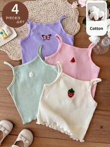 SHEIN 4pcs Young Girl Dopamine Cute Fruit Pattern Ribbed Fabric Tank Top Multi-Pack - Multicolor - View 8