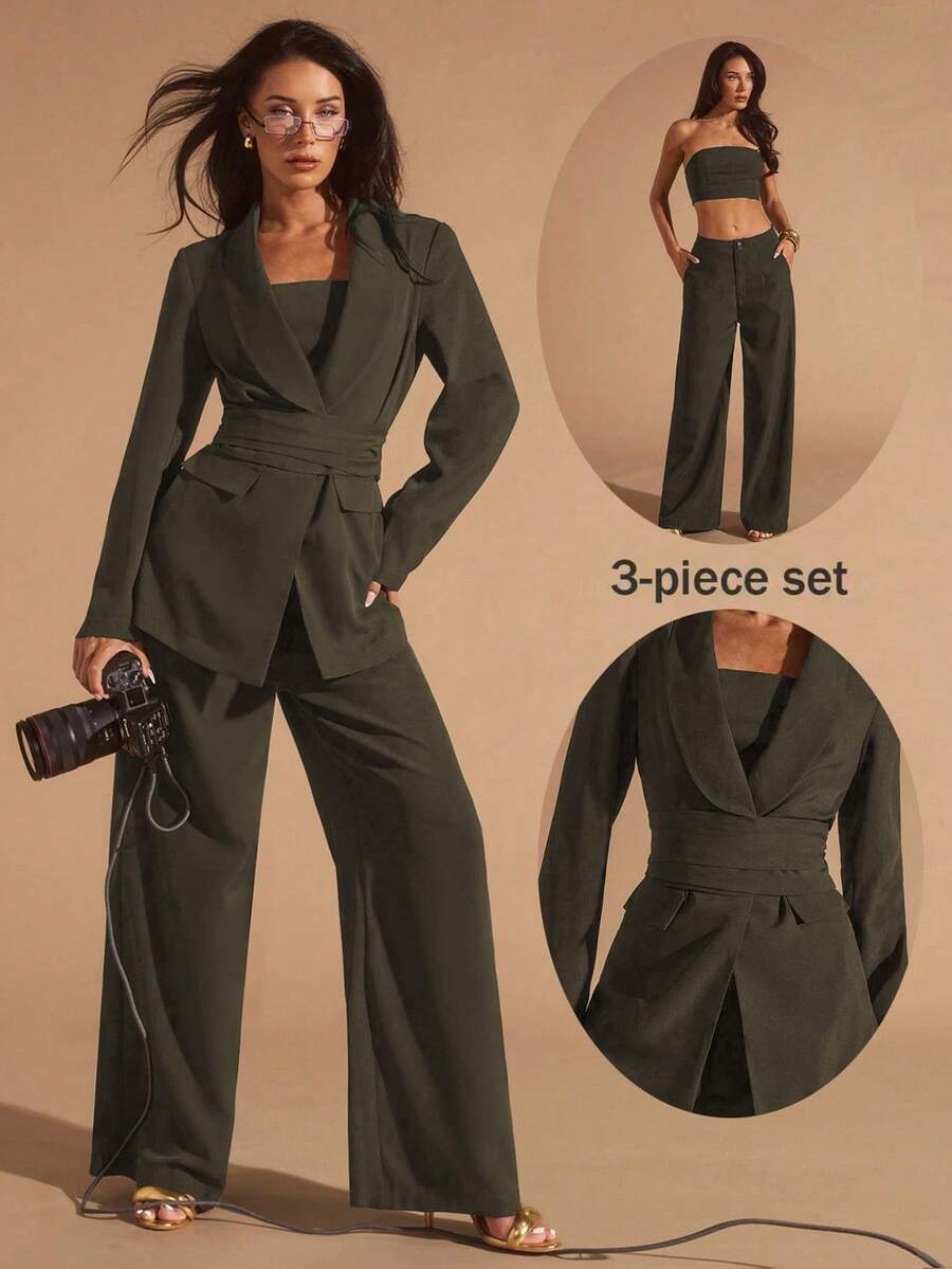 Glamine Completo da donna 3 pezzi verde oliva con collo a revers, casual da pendolare, business versatile per ufficio e uscite, vestibilità ampia, per la Festa degli Insegnanti, estivo - Verde - Visualizzare 1