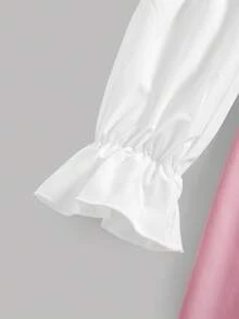 SHEIN Tween女孩優雅日常百搭舒適拼接對比色蝴蝶結領長袖洋裝，小學校服圍裙裙 - 粉色 - 查看 7