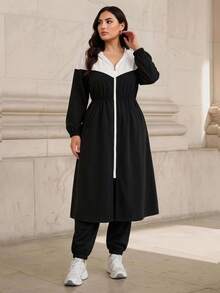 Graceveil Conjunto de 2 piezas talla grande con chaqueta larga con capucha y cremallera en color contrastante y pantalones con cordón, elegante - Blanco y Negro - Ver 2