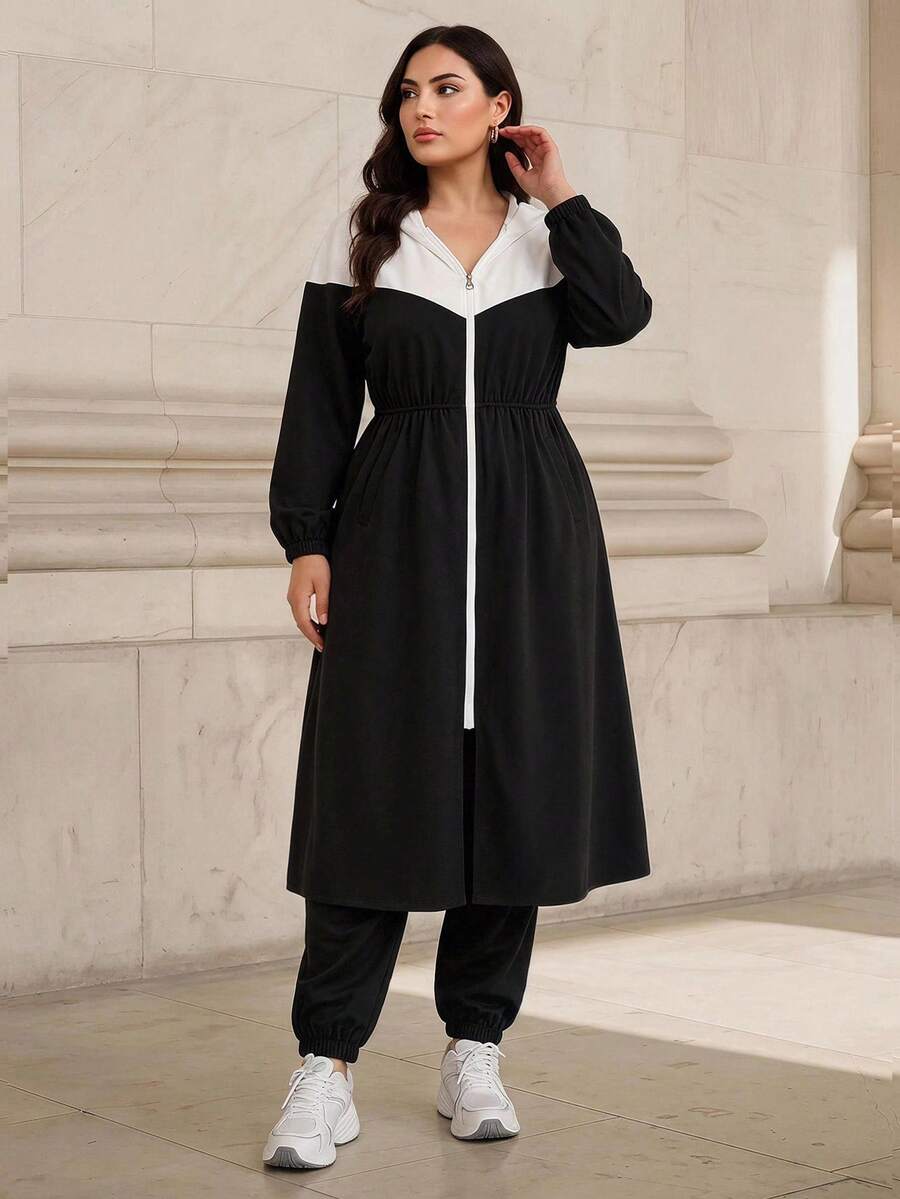 Graceveil Conjunto de 2 piezas talla grande con chaqueta larga con capucha y cremallera en color contrastante y pantalones con cordón, elegante