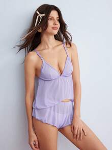 Elorette 2pcs Light Purple Mesh Patchwork Sheer Ruffle Pure Charm Elegant Minimalist Camisole + Shorts Women's Pajama Set - Purple - View 5