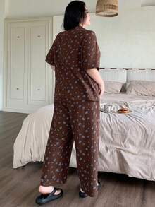 Dazy Plus Floral Textured Chiffon Fabric Loose Short Sleeve Top And Long Pants Pajama Set, Plus Size, Brown, Spring/Summer - Brown - View 5