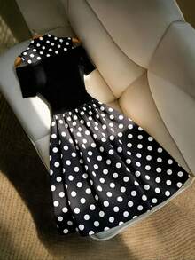 RosyDaze Black And White Polka Dot Off-Shoulder Dress Elegant Asymmetric Two-In-One Shirt Dress Ribbed Knit Short Sleeve Summer Vacation Party Tea Outfit - Black - View 2