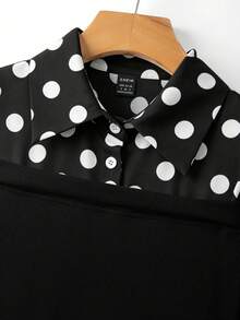 RosyDaze Black And White Polka Dot Off-Shoulder Dress Elegant Asymmetric Two-In-One Shirt Dress Ribbed Knit Short Sleeve Summer Vacation Party Tea Outfit - Black - View 8
