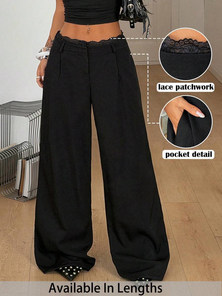 SHEIN Tall CURVE 大码女装夏季街头风商务休闲优雅约会之夜办公室穿搭,时尚简约撞色蕾丝黑色长裤 - 黑色 - 查看 1