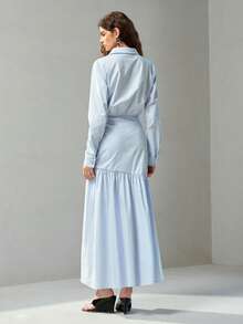 MOTF PREMIUM WOMEN'S SPRING/AUTUMN ASYMMETRIC PLACKET PLEATED WAIST SHIRT DRESS - Blue - View 5