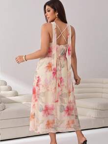 Solflare Gaun Cami Elegan Berkerah Ruffle Motif Bunga Ukuran Plus untuk Wanita, Liburan Musim Panas Warna Pink - MultiWarna - View 2