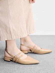 CUCCOO BIZCHIC Women's Apricot Glossy Pointed Back Strap Flats, Workplace Commuting Gentle And Elegant Versatile Work Shoes - Apricot - View 5