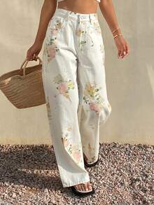 Livesso Women's Loose Straight-Leg Jeans With Floral All-Over Print, Suitable For Summer, Autumn And Spring, Casual Business Office Wear Vacation - White - View 9