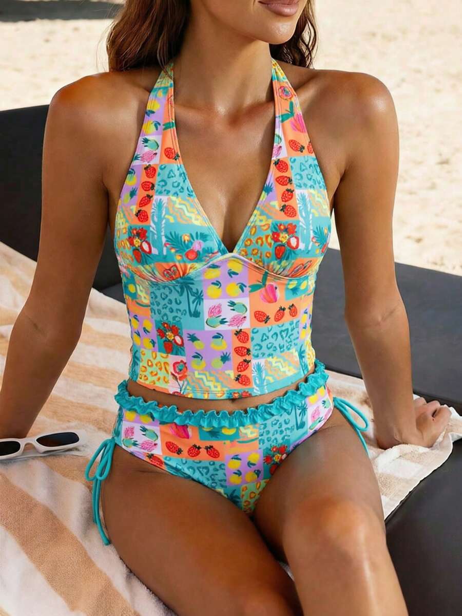 Swim Mod 夏季海灘女款兩件式黑白波點印花百褶荷葉邊上衣搭配雙側抽繩比基尼泳褲泳衣套裝 - 彩色 - 查看 1