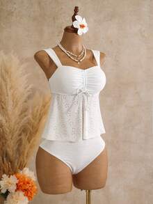 SHEIN Swim 2026 New Spring Summer Plus Size Women's New Fabric Drawstring Bust Skirt Style Wide Strap Top With Regular Triangle Bottom Sexy Casual Beach Party Swimwear Set - White - View 3