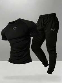Gym Rark Men's Bull Head Print Short Sleeve Top And Drawstring Waist Long Pants Casual Daily Sports Set - Black - View 1