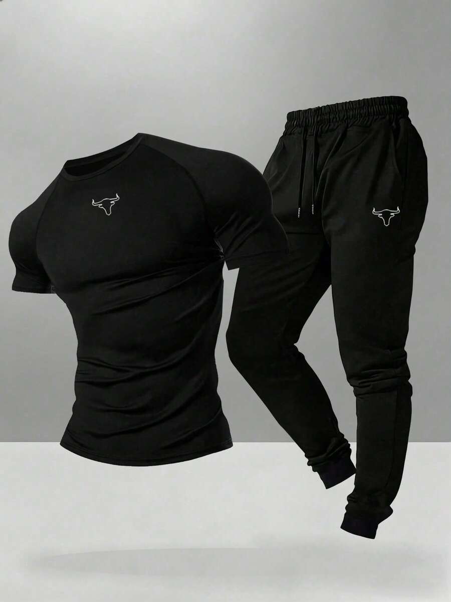 Gym Rark Men's Bull Head Print Short Sleeve Top And Drawstring Waist Long Pants Casual Daily Sports Set - Black - View 1