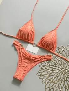 Swim Vcay 2026 Spring/Summer Orange Small Ditsy Floral Spaghetti Strap Halter Neck Tie Side High Cut Tie String Thong Bikini Sexy 2-Piece Set For Women Vacation - Multicolor - View 2