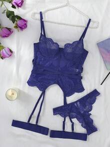 SHEIN 4件組蕾絲飾邊性感內衣套裝 - 寶藍色 - 查看 7
