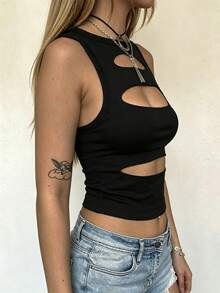Rovax Women's Sleeveless Cutout Tank Top, Y2k Hollow Out Camisole Club Black Summer - Black - View 3