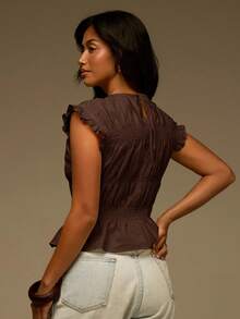 Athîral Blusa casual de mujer de color liso con cuello redondo y bajo plisado con volantes - Café integral - Ver 2