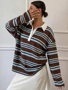 DAZY Women's Loose Striped Long Sleeve Patchwork Contrast Color Casual Top, Spring & Summer - Coffee Brown - View 3