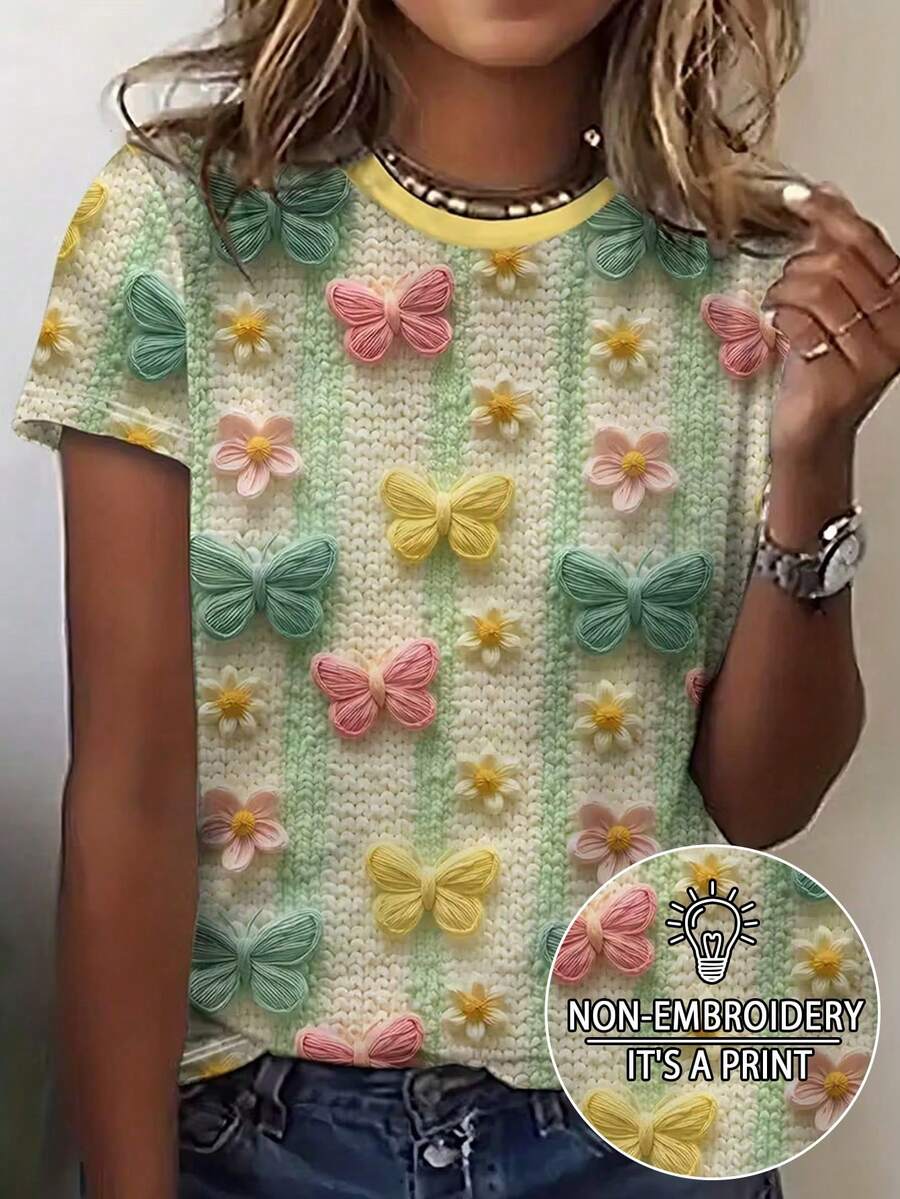 EMERY ROSE 大码女式蝴蝶结撞色条纹3D数码印花圆领T恤 - 彩色 - 查看 1