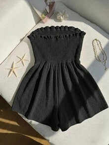 SHEIN EZwear 女款大尺碼夏季黑色休閒純色荷葉邊飾抓皺抹胸式連身褲 - 黑色 - 查看 2