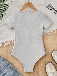 Body de manga corta blanco de punto para niñas preadolescentes, color liso, versátil, estilo callejero, para primavera/verano - Gris - Ver 2