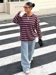 Muchica 女款寬鬆條紋露背綁帶長袖T恤，適合外出、返校、街頭穿搭，露背上衣 - 彩色 - 查看 5