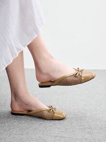 CUCCOO BIZCHIC 女款法式平底拖鞋，夏季百搭新款蝴蝶結編織包頭穆勒鞋，春季鞋款 - 杏色 - 查看 3