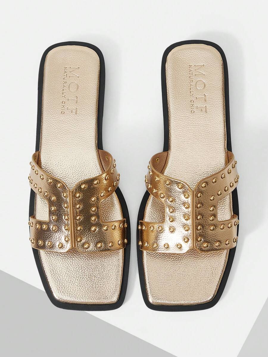 MOTF WOMEN'S SUMMER FASHION STREET CASUAL COMMUTE RIVET DECOR OPEN TOE FLAT SANDALS SPRING SHOES - Champagne - View 1