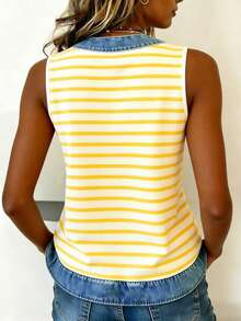 EMERY ROSE Nova blusa feminina listrada sem mangas com decote em V e efeito jeans. - Amarelo - Ver 2