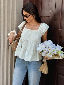 Serisse Blusa de mujer a rayas con cuello cuadrado, manga corta tipo campana y bajo con volantes - Albaricoque - Ver 9