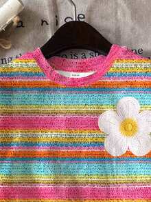Young Girl Casual Simple Cute Fun Textured Yellow With 3D Flower Pattern, Round Neck Short Sleeve T-Shirt Suitable For Summer, Graphic Tee, Cozy, Tops - Multicolor - View 4